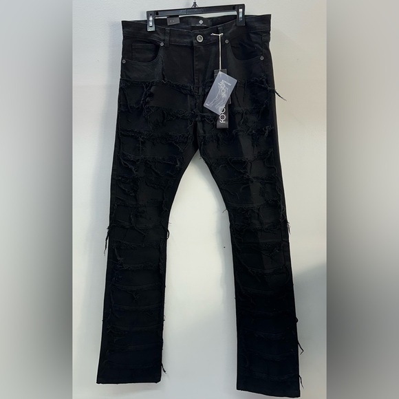 Focus Denim Mens Distressed Black Wash Skinny FLARED STACKED JEAN 36 - Picture 1 of 7